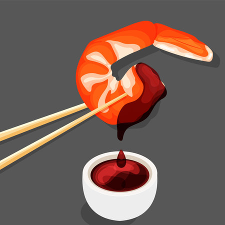 Fried shrimp in Chinese sticks with dripping soy sauce. Asian food in Wooden chopsticks. Vectorのイラスト素材