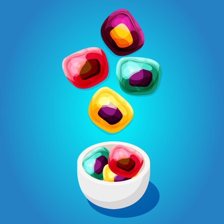 Cartoon colorful mochi flying above the bowl. Japanese sweets and desserts. Vector illustration of creamy mochi with flavorのイラスト素材
