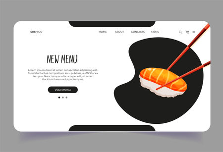 Landing page with nigiri roll in wooden chopsticks. Dark Web site for business company for asian foodのイラスト素材