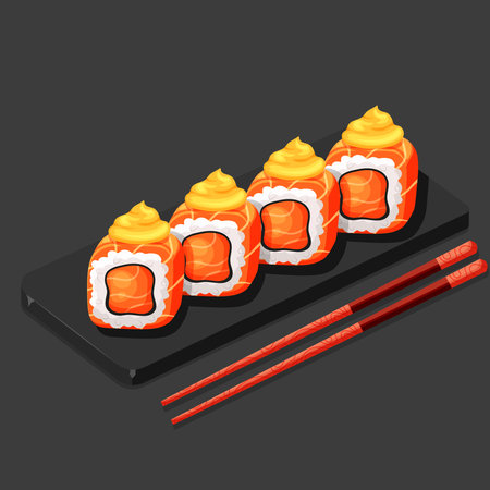 Set of sushi rolls with salmon, creamy cheese. Philadelphia rolls in stone tray with wooden chopsticksのイラスト素材