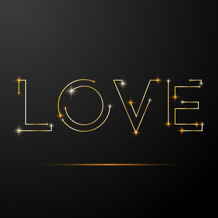 Line art gold text love on black background. Happy Valentine's day vector greeting card with sparkles. Concept for postcard, poster, banner, flyer, invitation, jewelry gift cardのイラスト素材