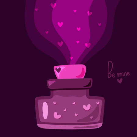 Love potion in a bottle with cork a with hearts inside, spraying the smell of love in the air. Valentines day postcrad, poster, bannerのイラスト素材