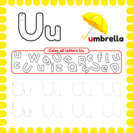 Alphabet Tracing Worksheet with letters. Writing practice letter U. Educational game for kids. Activities and Exercises for preschool and kindergarten. ABC printable pages.のイラスト素材