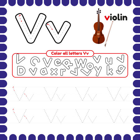 Alphabet Tracing Worksheet with letters. Writing practice letter V. Educational game for kids. Activities and Exercises for preschool and kindergarten. ABC printable pages.のイラスト素材
