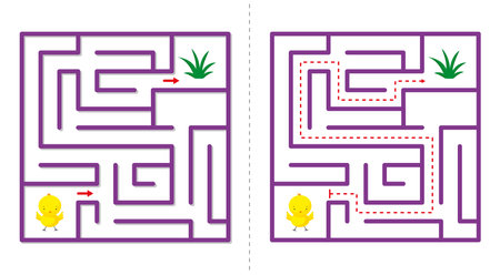 Simple  maze abstract game with answer. Help chicken find grass. Easy labyrinth for kids. Vector illustration.のイラスト素材