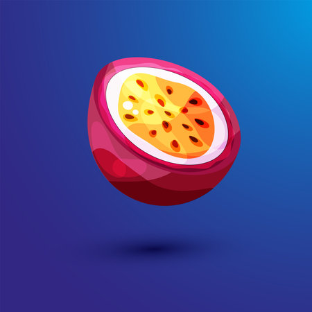 Purple passion fruit or maracuja. Half of exotic maracuya. Summer vitamins. Cartoon vector illustrationのイラスト素材