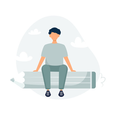 Student sitting on the rocket pencil. Young man flying in the clouds on the pencil. Flat vector illustration. Minimal style designのイラスト素材