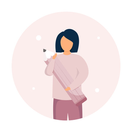 Cute student girl standing with a big pencil. Young person holding pencil. Flat design vector illustrationのイラスト素材