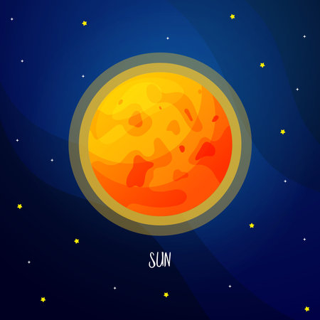 Cartoon sun planet for kids education. Solar system planets on the sky with stars. Astronomy cosmic galaxy space.のイラスト素材