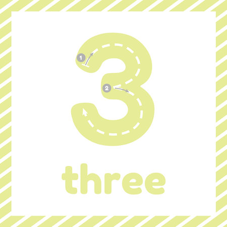 Cute colorful children flashcard with tracing. Learn how to write number three for kidsのイラスト素材