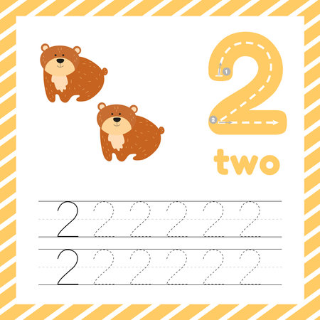 Cute colorful children flashcard with tracing and bear. Learn how to write number two for kids educationのイラスト素材