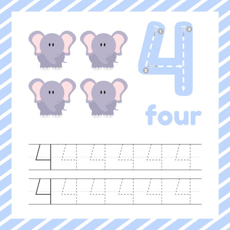 Cute colorful children flashcard with tracing and elephant. Learn how to write number four for kids educationのイラスト素材