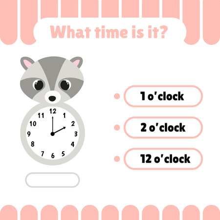 Educational worksheets for kids with clock. Learning time game on the clock. Activity pages with animals and numbers. What time is it?のイラスト素材