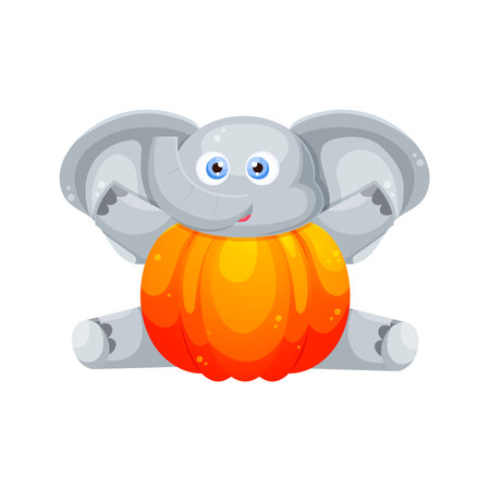 Ð¡ute smiling elephant baby sitting with pumpkin instead body. Mascot elephant child in cartoon style for kids.のイラスト素材