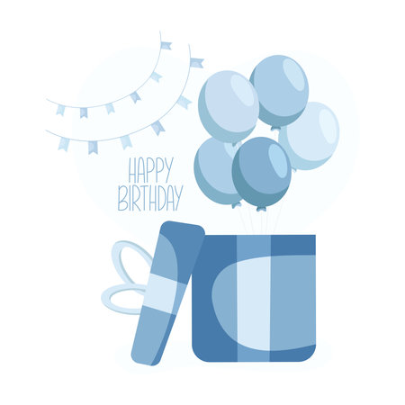 Happy birthday concept. Boy or girl. Huge opened gift box with flying ballons from it for gender party, for childrens day.のイラスト素材