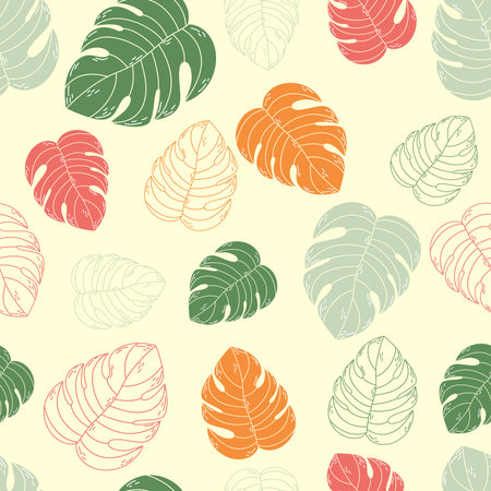 Seamless floral background with colorful monstera leaves. Botanical illustration with tropical plants.のイラスト素材