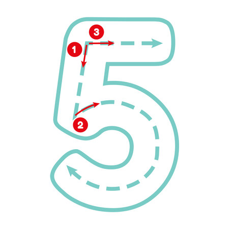 Write number five with tracing guide. Outline number. Preschool worksheet for kids exercise. Education maths pageのイラスト素材