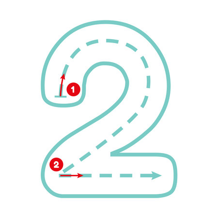 Write number two with tracing guide. Outline number. Preschool worksheet for kids exercise. Education maths pageのイラスト素材