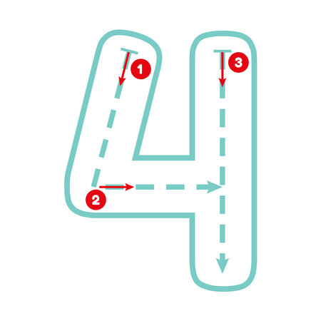 Write number four with tracing guide. Outline number. Preschool worksheet for kids exercise. Education maths pageのイラスト素材