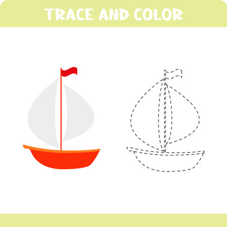 Activity page for kids education. Trace and color worksheet for kids. Tracing objects. Color page. Yachtのイラスト素材