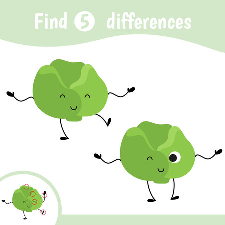 Find differences for kids. Educational game for children. Cartoon vector illustration of cute funny vegetables with faces. Cabbageのイラスト素材