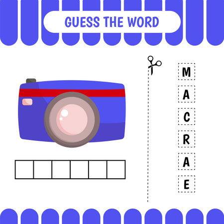 Guess the word educational learning game for preschool kids.  Camera. Activity page. Word puzzle. Developing worksheet.のイラスト素材
