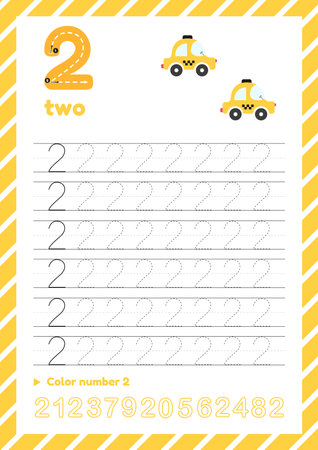 Tracing worksheet with number two. Count taxi cars. For kids education.のイラスト素材