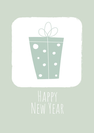 Cute pastel postcard for new year with hand drawn gift box. Green greeting cardのイラスト素材