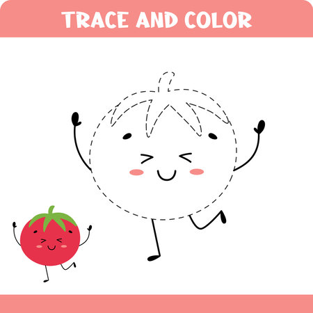 Educational worksheet with coloring  game for todlers with tracing. Trace tomato.  Activity page.のイラスト素材