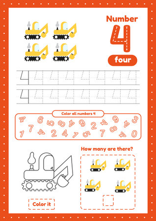 Activity worksheets for kids education with many exercises. Learning numbers. Number 4. Trace, color, counting games on one pageのイラスト素材