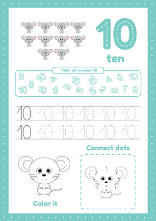 Many games on one page for kids education. Color page, dot to dot, trace. Worksheets for preschool children. Learning number 10
のイラスト素材