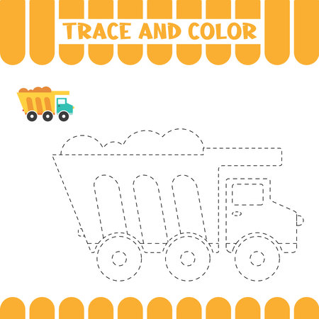Handwriting practice activity page for preschoolers with trace dump car. Tracing educational worksheet for kids.のイラスト素材