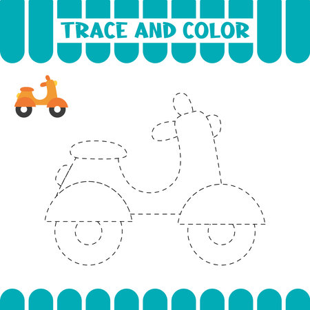 Tracing educational page for kids. Handwriting practice activity worksheet for preschoolers. Trace moped, scooter.のイラスト素材