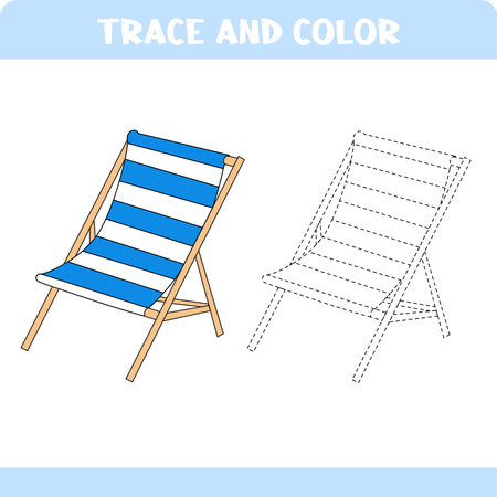 Trace and color educational worksheet for kids. Tracing lounge, deck chair. Activity color pages&#xD;のイラスト素材