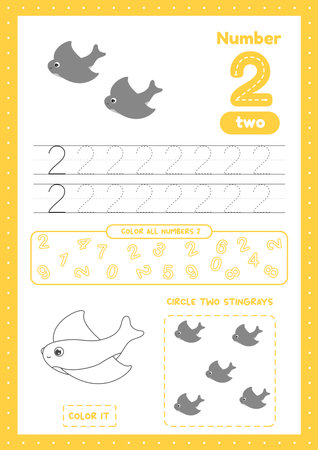 Many exercises for toddlers. Educational a4 worksheets for preschool kids.  Learning number 2. Trace, color, count on one page&#xA;のイラスト素材