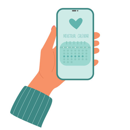 Women's health care app. Girl holds phone with a menstruation calendar app. Period ovulation days tracker. 
のイラスト素材
