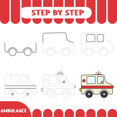 Step by step Drawing tutorial for kids. Easy level. Education sheets. How to draw ambulanceのイラスト素材
