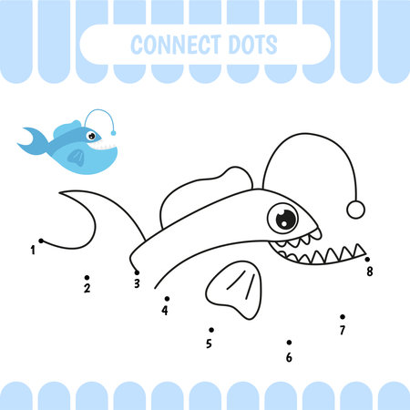Dot to dot activity worksheet for preschool kids.  Connect dots. Angler fish. Vector Illustration.のイラスト素材