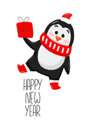 New year postcard with cute dancing penguin, holds gift box for holidayのイラスト素材