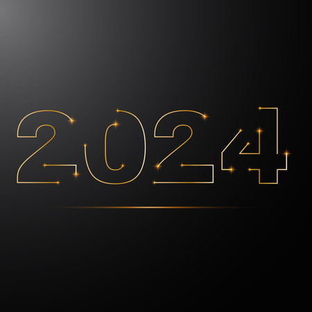 Happy New Year gold card for 2024. Dark line numbers.  vector bannerのイラスト素材