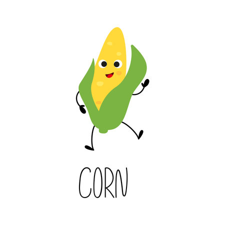 Hand drawn funny corn character. Card with vegetable name. Vector illustrationのイラスト素材