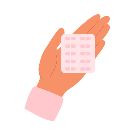 Female hand holding a blister with pills. Blister with Vitamins in womanâs hand. Healthcare, medicine concept. Vector &#xA;のイラスト素材