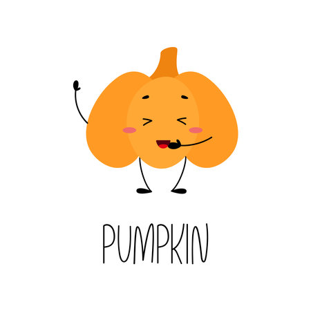 Cute funny pumpkin character. Hand drawn vegetable card with its name. Vector illustration.のイラスト素材