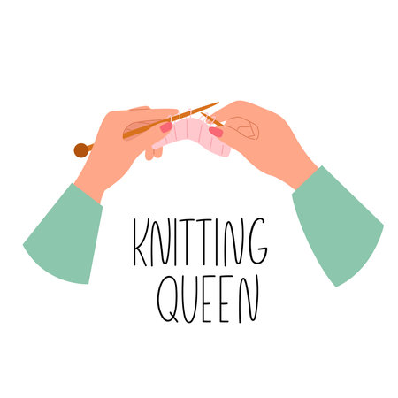Card with female hands knitting. Knitting queen phrase. Vectorのイラスト素材