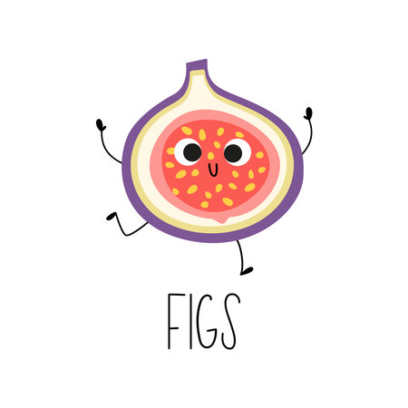 Cute dancing hand drawn  figs character. Learning Fruit flashcard with it name for kids. Vector&#xD;のイラスト素材