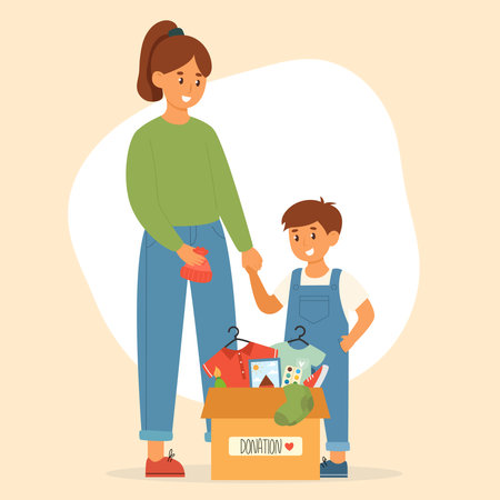 Family donate clothes box to charity. Clothing donation concept. Second hand. Flat Vector illustration
のイラスト素材