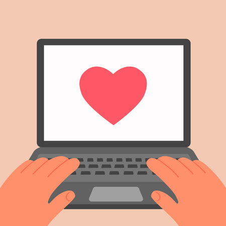 Hands typing on the laptop keyboard with pink heart on screen. Working online. Using digital laptop. Vector flat illustration.
のイラスト素材