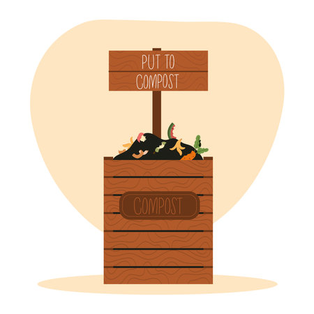 Compost bin with wooden sign. Put organic garbage to compost. Sorting trash conceptのイラスト素材