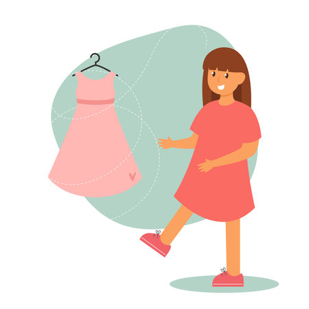 Girl chooses dress for her birthday party. Pink dress hanging on a hanger with cute heart. Vector illustration
のイラスト素材