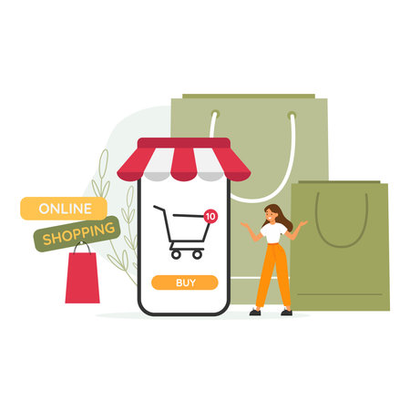 Online shopping concept. Shopping cart on phone screen. E-commerce. Shopping bags. Flat vectorのイラスト素材